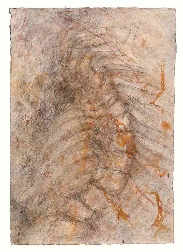  Crouching figure with thoracic spine (T2-12 yellow), 11 x 7.75 in., Twinrocker Rotunda, 2022 