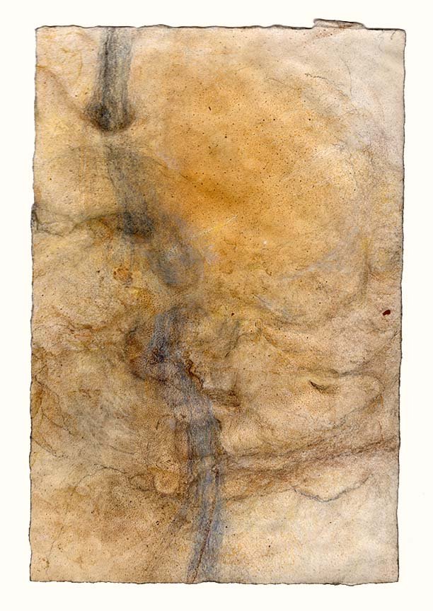  Cord visible in lumbar canal (yellow + indigo), 11 x 7.25 in. on Twinrocker Yale, 2025 