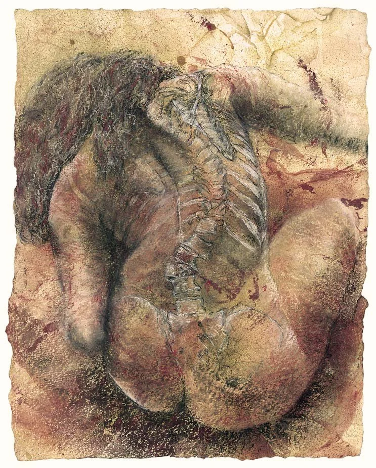  Crouching figure with visible skeleton, 12.75 × 10 in., oils, bronze powder, charcoal, pastel and oil crayon on Moulin de Fleurac, 2000 