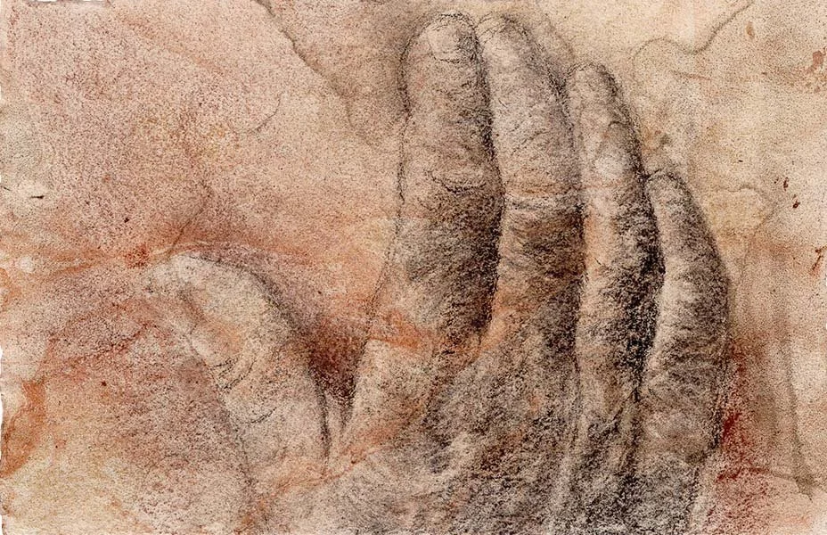 Touching hand (charcoal), 5 x 7.25 in., Twinrocker Yale, 2021 