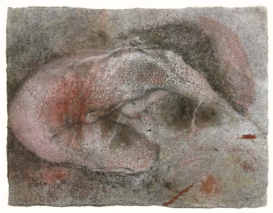  Bluegrey stretching/kneeling figure,  9.75 x 12.5 in., oils, bronze powder, charcoal, pastel and oil crayon on Bergerac, 2000    Asymmetry at my body’s core brings the need for a subtle effort of balancing, which keeps me engaged with the workings o