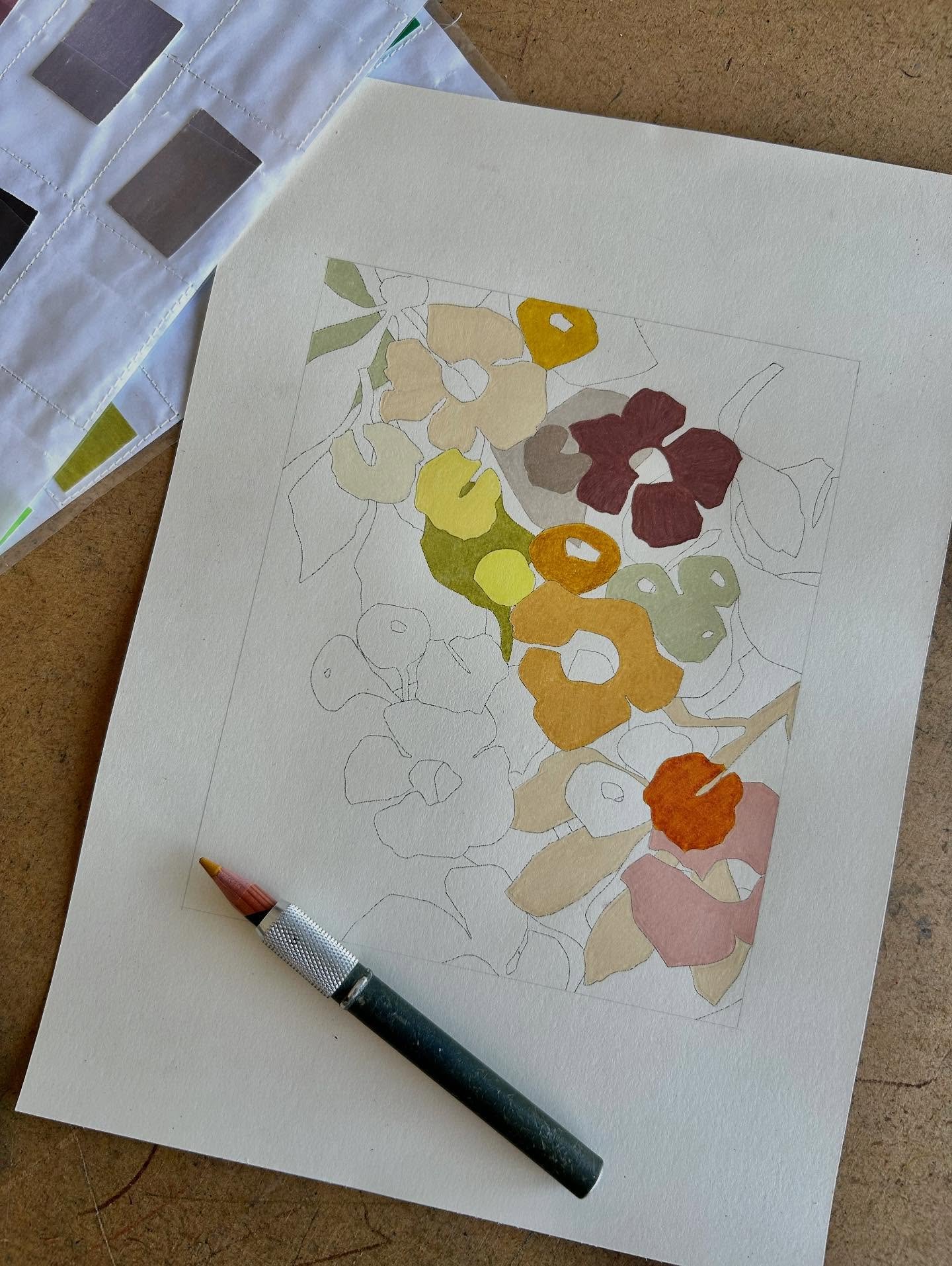 I&rsquo;m working out the colours of a new commission today. The small paper versions I do for each artwork are time consuming but a crucial part of my process. I see issues with colour and composition that just don&rsquo;t jump out at me all the tim