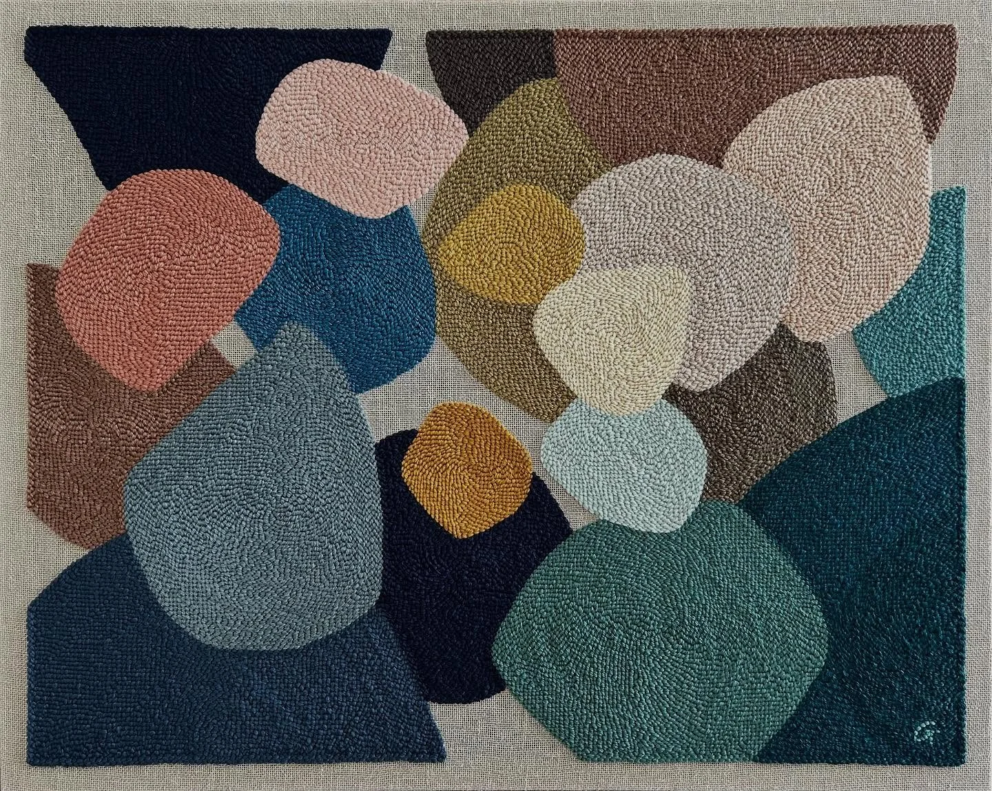 Bursts of Nature, punch needle yarn on flax linen. 
This commission has been a pleasure to complete for a lovely client. We went around the houses a bit to find a suitable colour palette and style. In the end a paired back design won, we wanted the t