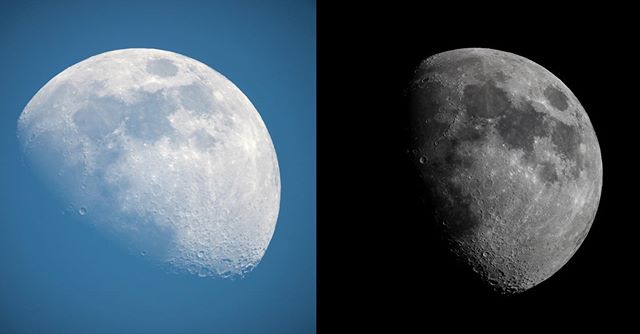 DAY VS. NIGHT MOON - these photos were taken about 2.5 hours apart ☾ 71.8% and 72.6% illuminated waxing gibbous taken at 19:19EST and 21:53EST on 5/13/19 with the Sony a7iii and Celestron C90 #selenophile #sonyalphafemale