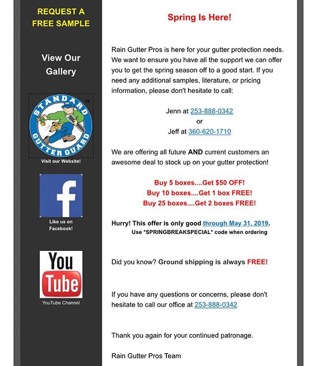 Hurry! This amazing #sale ends soon! You can also email us at info@raingutterpros.com!! Let us know if you&rsquo;d like to be added to our mailing list to receive exclusive offers!! #gutter #gutterguard #springbreakspecial