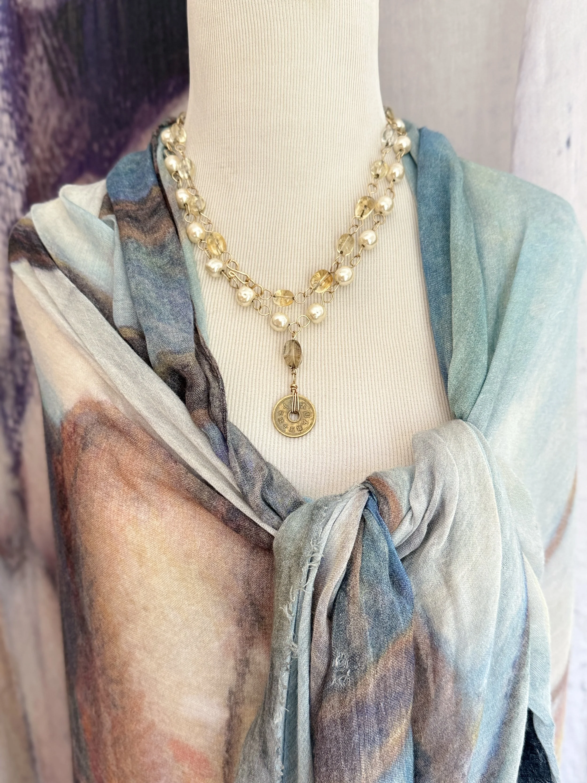 Citrine Beads and Gold Chain Necklace