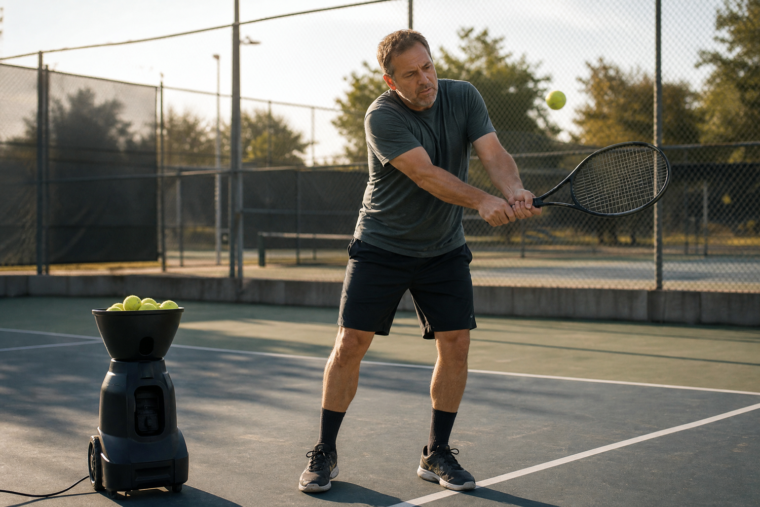 Adult tennis player practicing alone with a ball machine on court