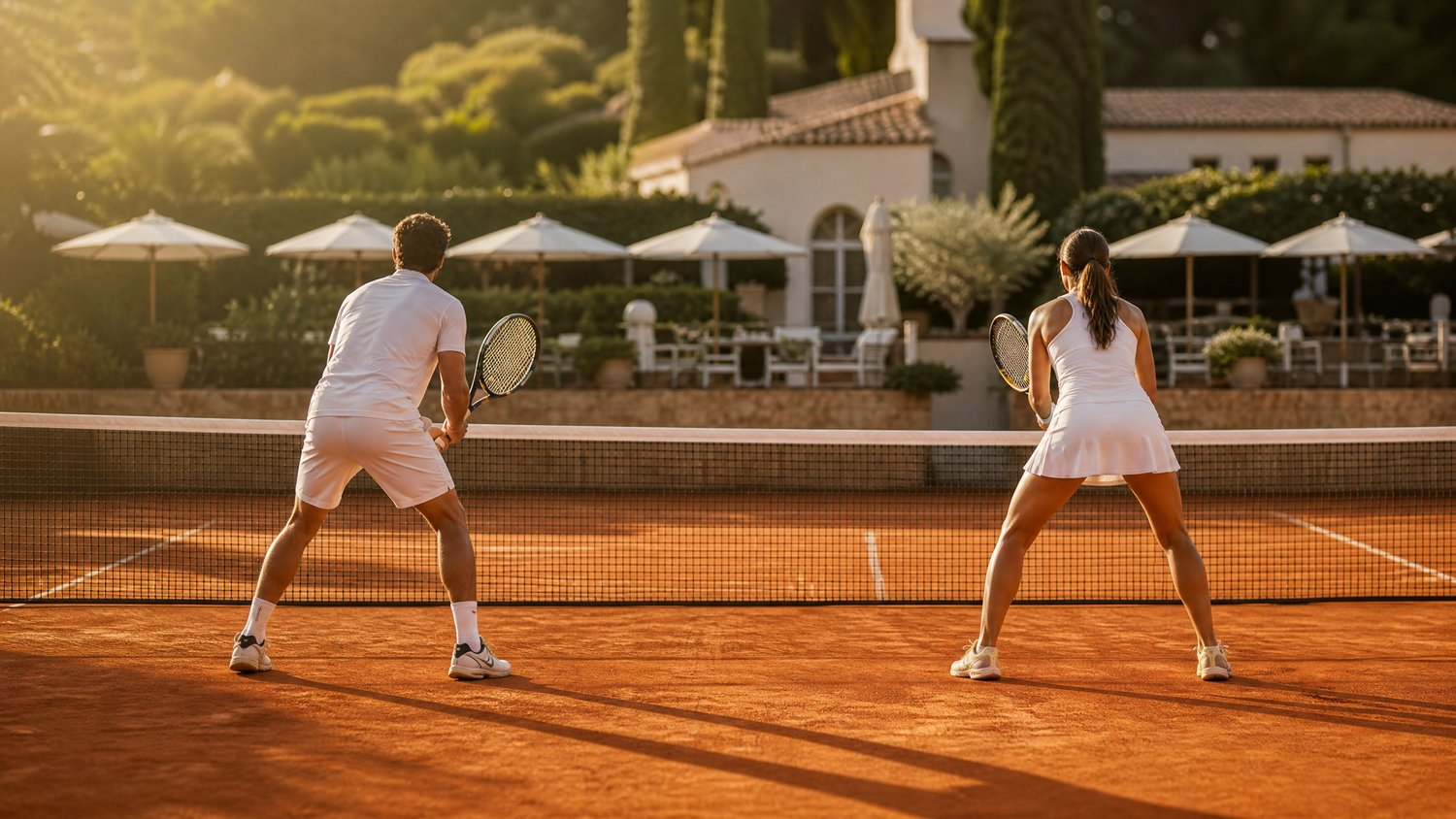Adult doubles tennis players positioned at the net, each covering their side of the court