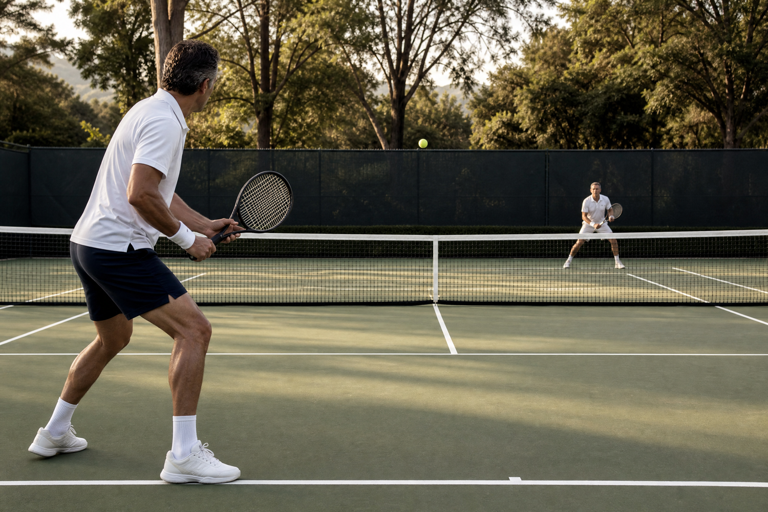 Two adult tennis players rallying from the baseline showing court depth and ready position