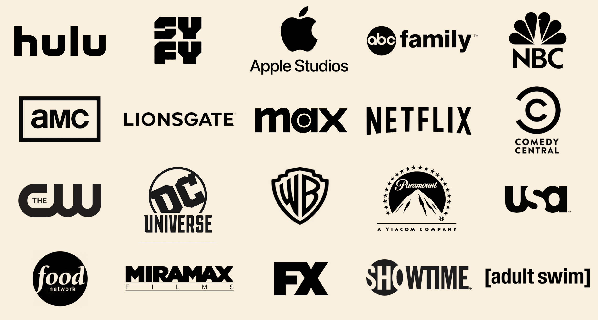 Warner Bros, Hulu, Sy Fy, Apple, HBO, Netflix, NBC, ABC, CBS
