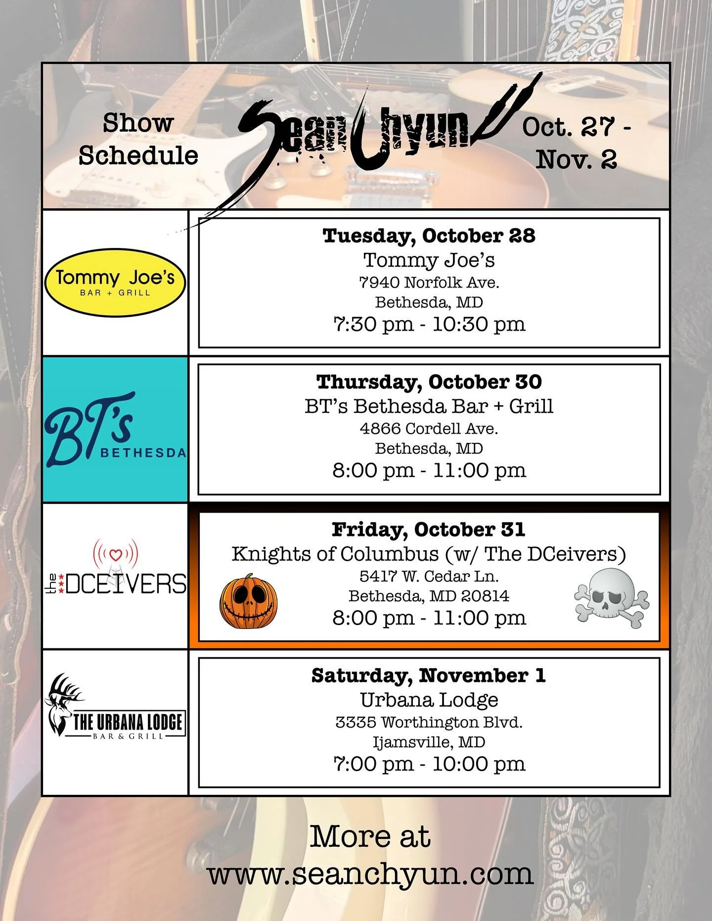 Lots of great shows this week- SPOOKY SCARY! Come out and enjoy a drink and a song or twenty. SPOOKY SCARY.
πΆ π» πΈ π₯ π€
#LiveMusic #SupportLiveMusic #DMVMusicians #SupportLocal #MusicIsLife #LiveForMusic #LoveMusic #BefriendAMusician #Halloween #S