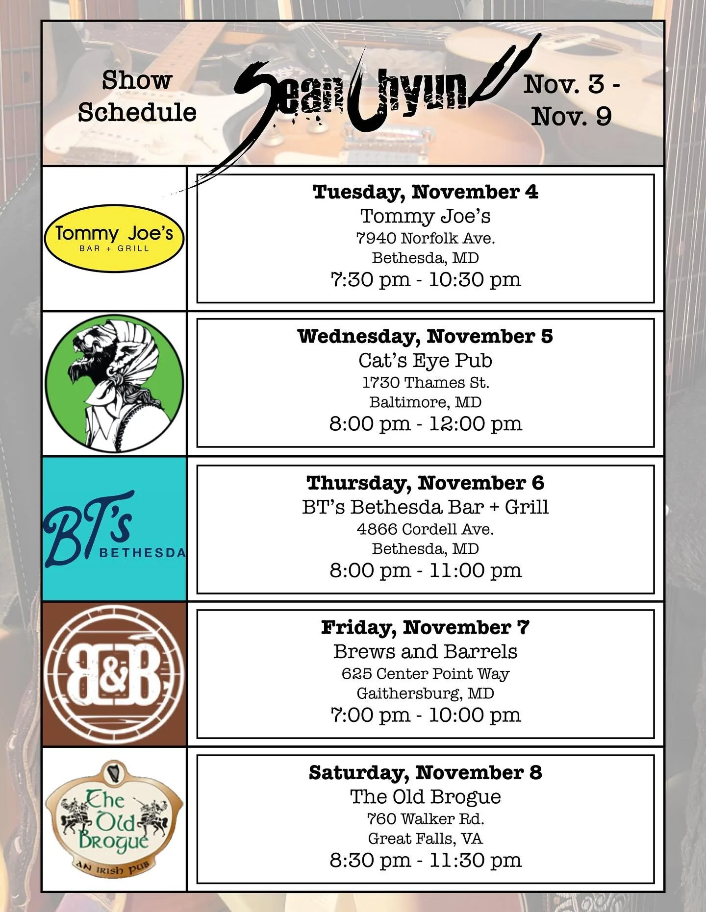 I've got a PACKED week of shows and they're all going ti he fantastic!!! Come out for a drink and song or twenty all over the DMV.
🎶 🍻 🎸 🥃 🎤
#LiveMusic #SupportLiveMusic #DMVMusicians #SupportLocal #MusicIsLife #LiveForMusic #LoveMusic #Befriend