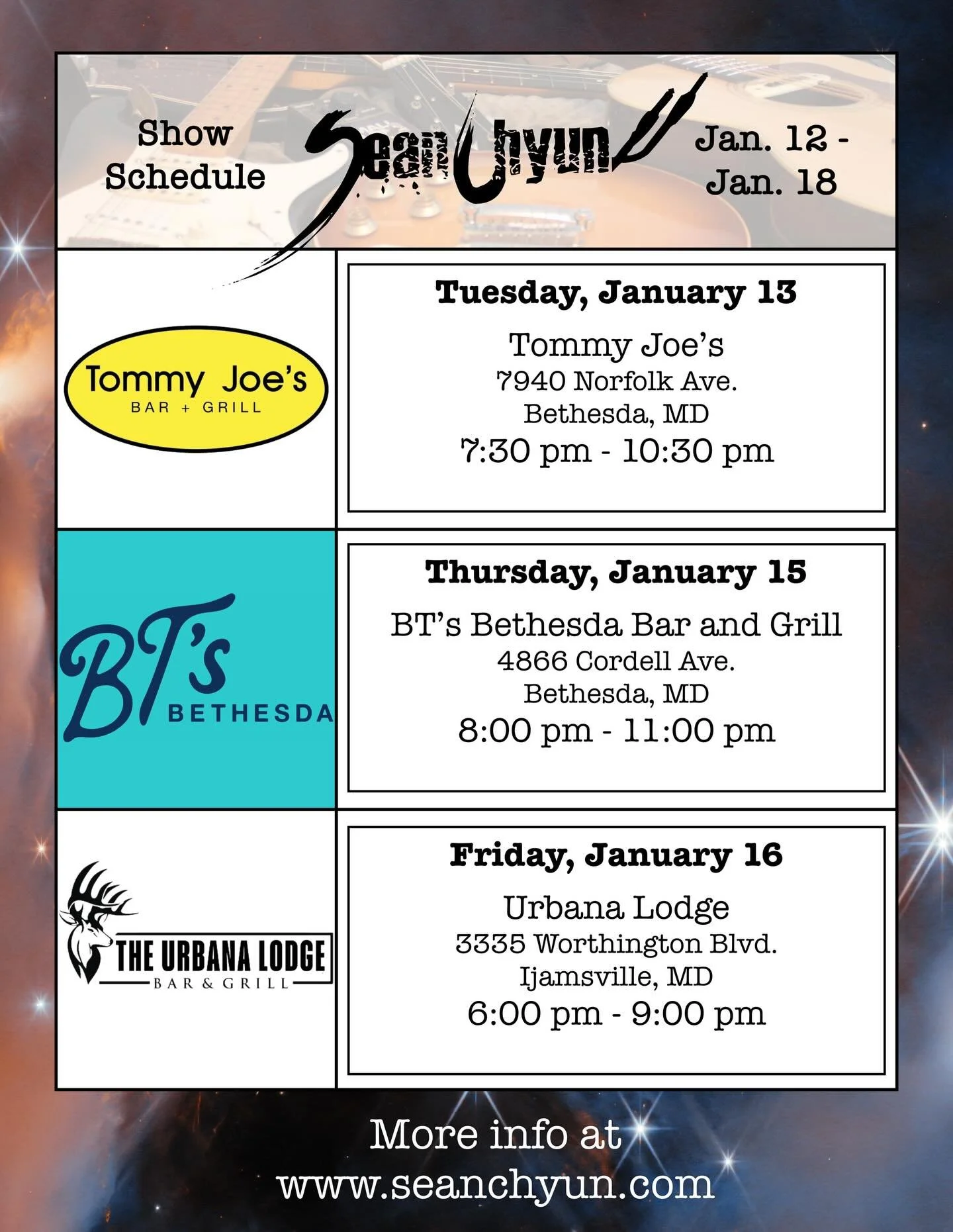 Nice week for shows! Come out and enjoy a drink and a song or twenty!!! And don't forget to listen to my song"Love's Last Goodbye" and tell your friends how much you love it.

🎶 🍻 🎸 🥃 🎤

#LiveMusic #SupportLiveMusic #DMVMusicians #Supp