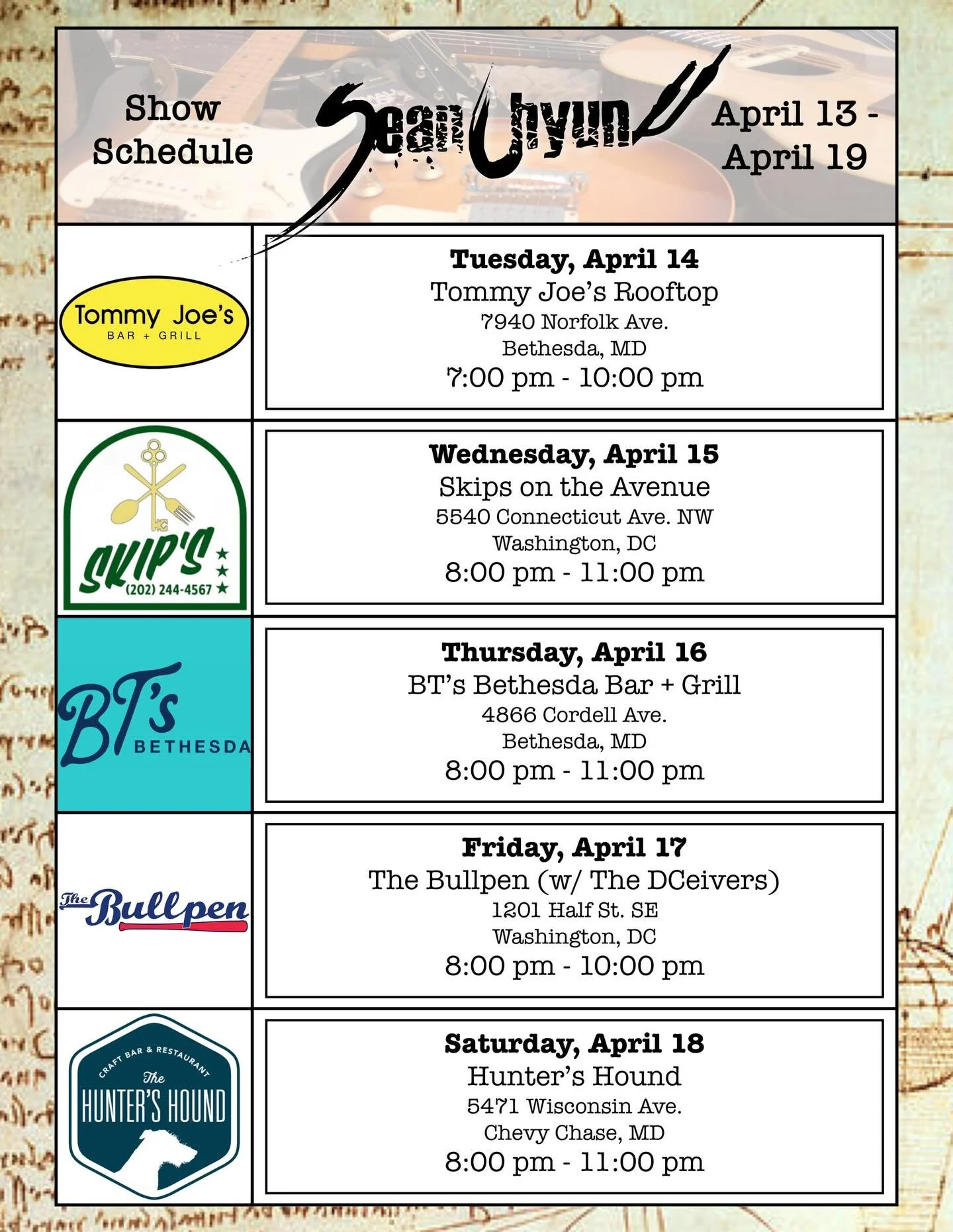 I'm all over your DMV road atlas this week. You can donate some of your tax refund to my tip jar- remember to support your local 1099ers. So come out and enjoy a drink and a song or twenty!

🎶 🍻 🎸 🥃 🎤

#LiveMusic #SupportLiveMusic #DMVMusicians 