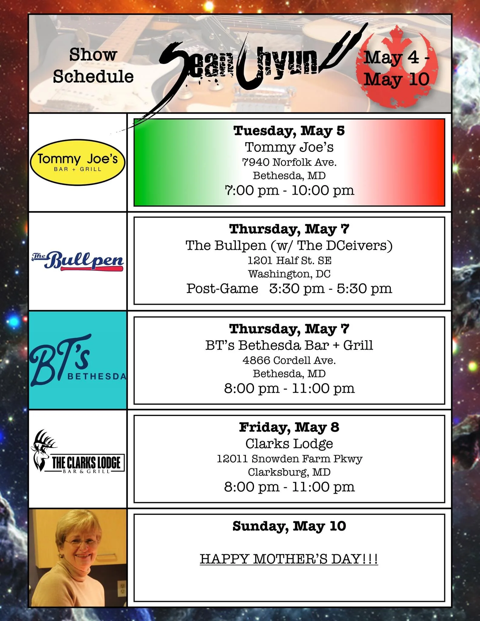 Great shows all over town this week. Come enjoy a drink and a song or twenty, then go give your mother something nice.

🎶 🍻 🎸 🥃 🎤

#LiveMusic #SupportLiveMusic #DMVMusicians #SupportLocal #HappyMothersDay