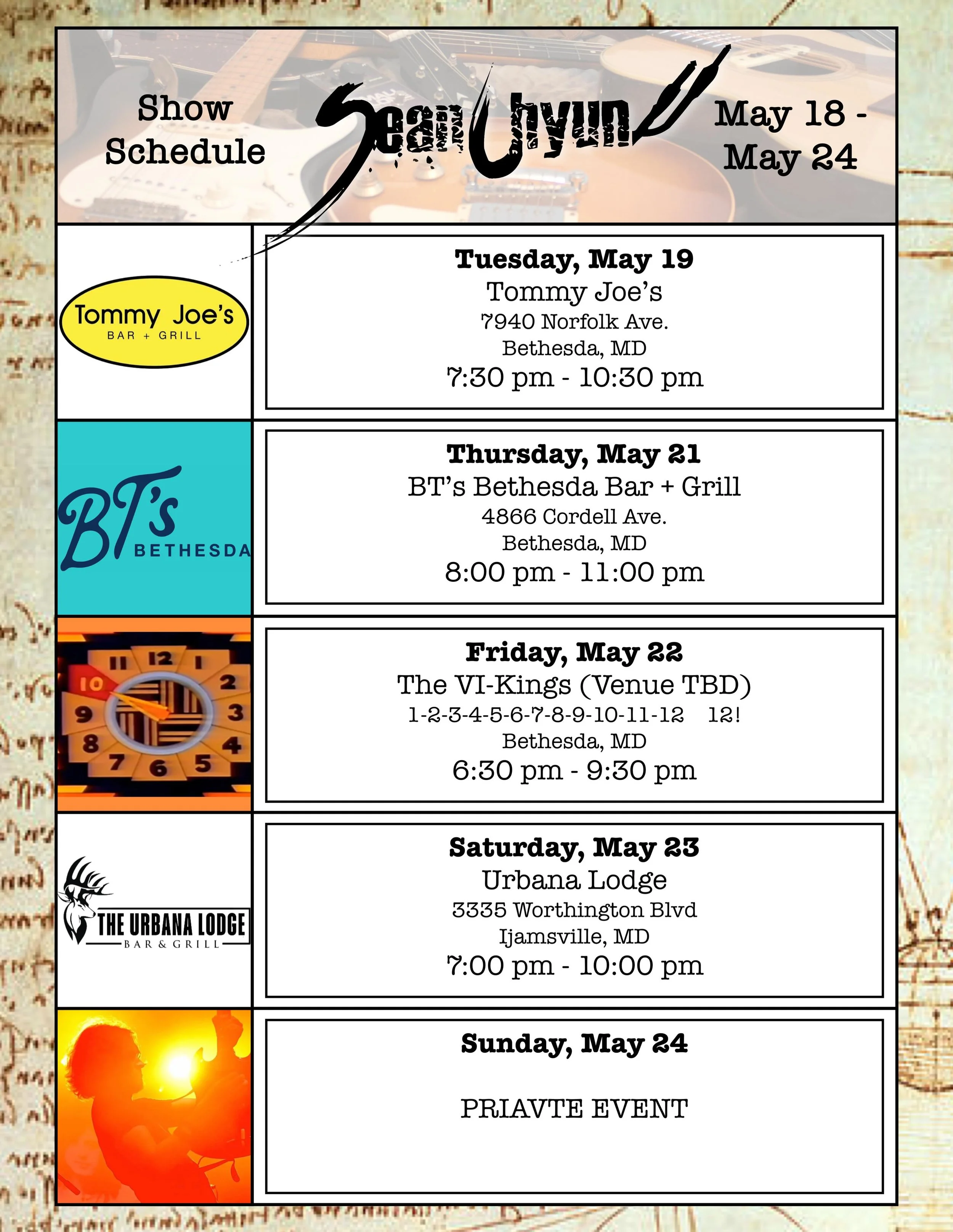 Shows, shows, and more shows. Come on out and enjoy a drink and a song or twenty while we all collectively either, melt, freeze, and/or get wet I guess? 🤷🏻&zwj;♂️

🎶 🍻 🎸 🥃 🎤

#LiveMusic #SupportLiveMusic #DMVMusicians #SupportLocal #BefriendAM