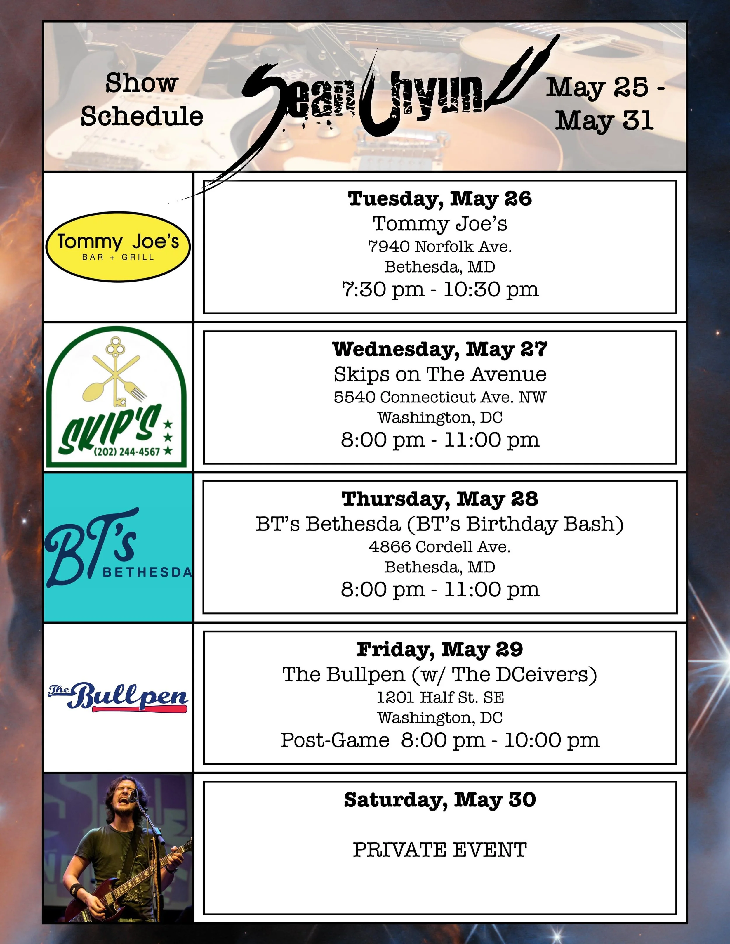 Another week of shows all over the area, hopefully the clouds part and sun comes back if we ask nice enough. So come on out to a show and be where I am and enjoy a drink and a song or twenty!!!

🎶 🍻 🎸 🥃 🎤

#LiveMusic #SupportLiveMusic #DMVMusici