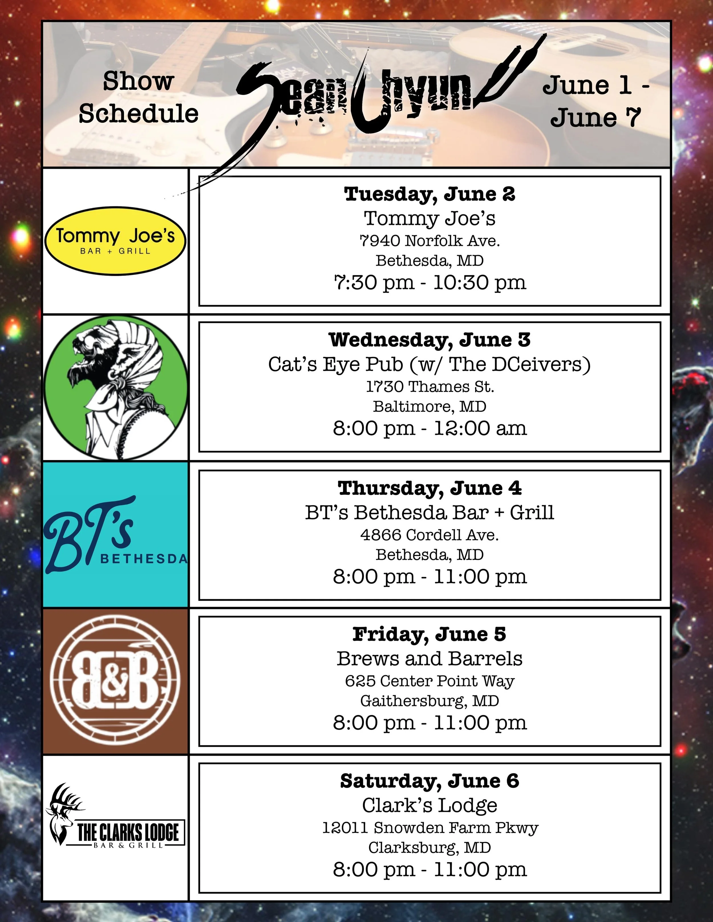 Another busy week. It sure would be nice to see you all out at a show this week! Come on out and enjoy a drink and a song or twenty!

🎶 🍻 🎸 🥃 🎤

#LiveMusic #SupportLiveMusic #DMVMusicians #SupportLocal #BefriendAMusician