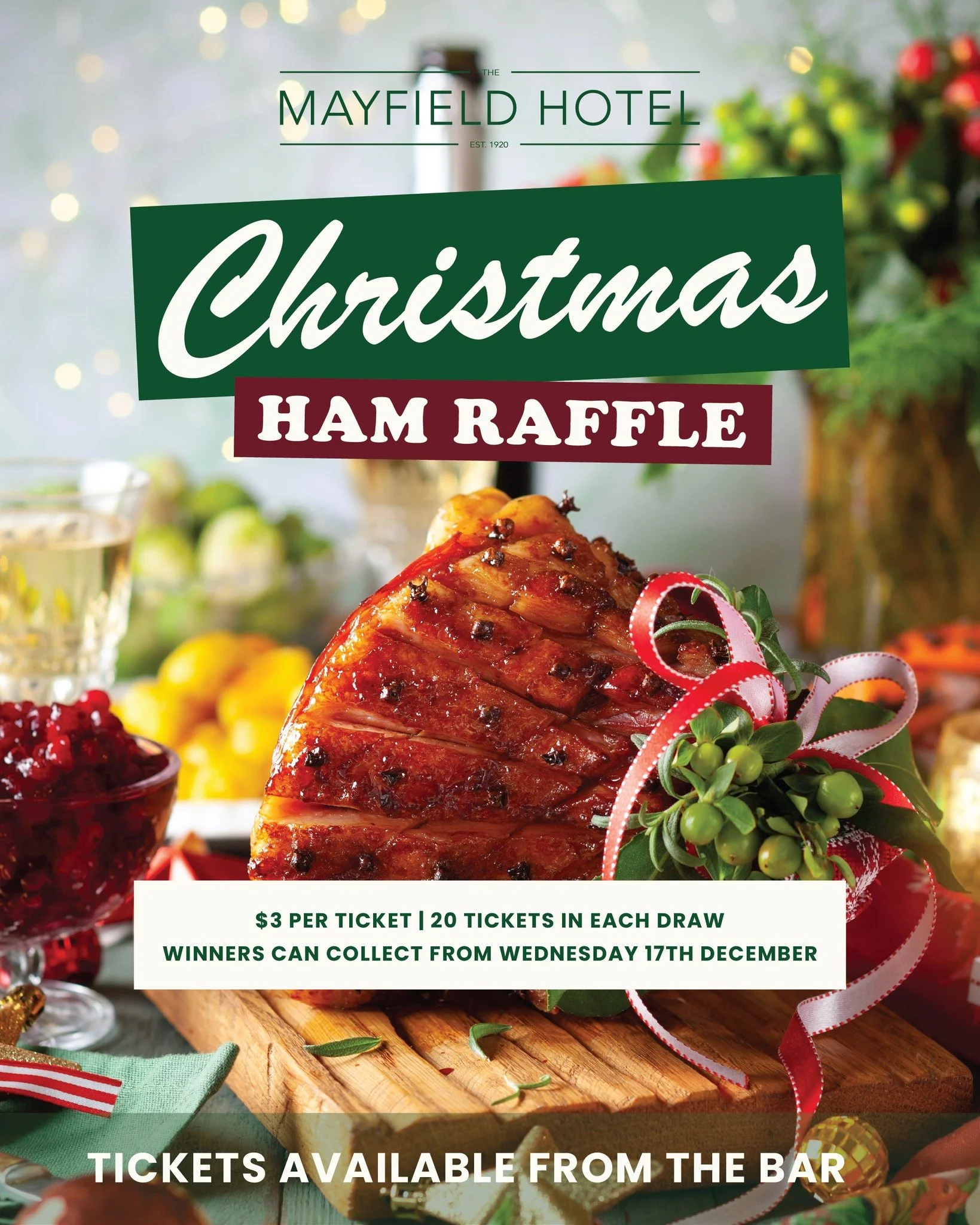 Have you entered our Christmas Ham Raffle yet? 🎅

Tickets are $3 which you can purchase from the Bar with 20 tickets in each draw. Once the draw is full we will contact the winner and start the next one 🎄

Winners can collect their Hams from Wednes