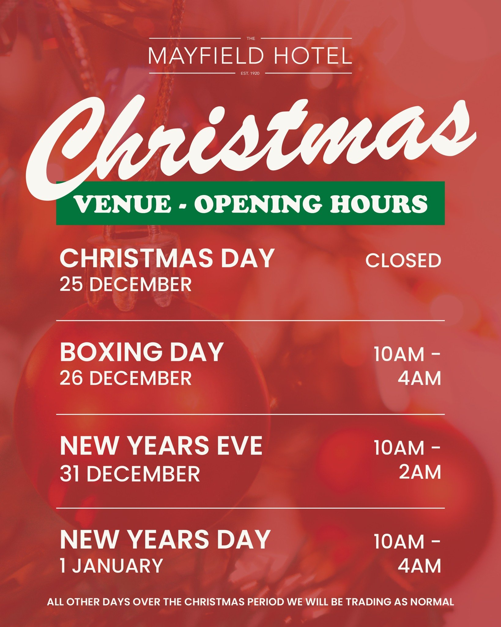 🎄 Festive Trading Hours at The Mayfield Hotel &amp; Super Cellars 🎄

Make sure to check our Christmas &amp; New Year trading hours before heading in 🍻

We&rsquo;ll be trading as normal on all other days across the festive period.
