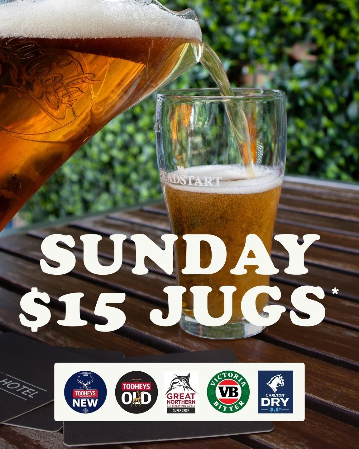 Beat the heat this Sunday with our $15 Jugs 🍻

Special applies to Tooheys New, Tooheys Old, Great Northern Super Crisp, VB &amp; Carlton Dry 3.5% 👏

Available every Sunday!

*Some exclusions may apply. Specials not available for takeaway, on public