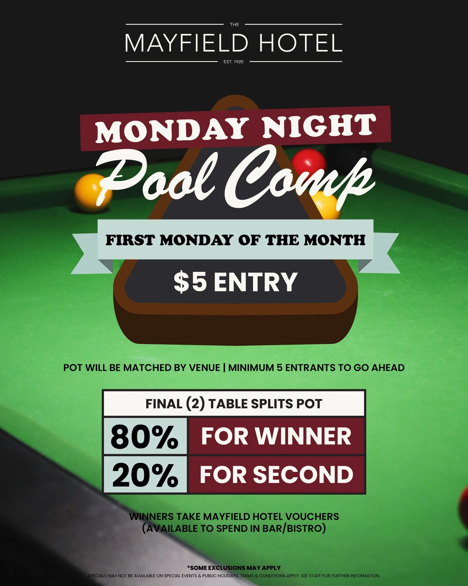 Our Pool Comp is back for 2026 and it all kicks off this Monday, February 2nd at Mayfield Hotel!

$5 entry. Venue matches the pot. Bragging rights on the line.

🤩 First Monday of every month!

Grab your mates, grab a cue and let&rsquo;s get the tabl