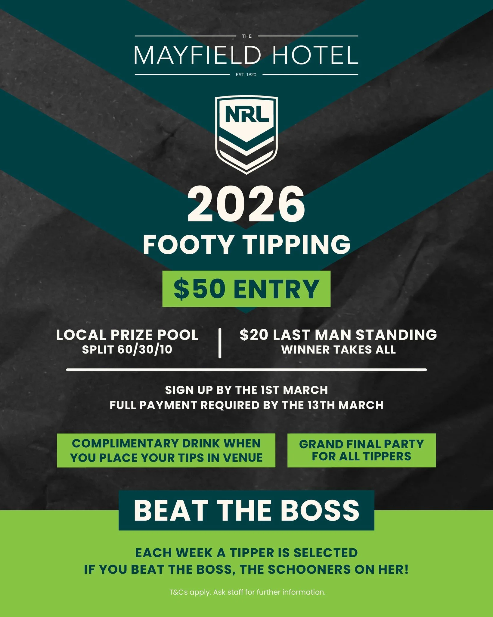 🏉 Footy&rsquo;s back soon and tipping season is on at Mayfield Hotel! 🏉

Join our 2026 NRL Footy Tipping Comp for your shot at the local prize pool, a winner-takes-all Last Man Standing and plenty of bragging rights along the way.

✔️ $50 entry
✔️ 