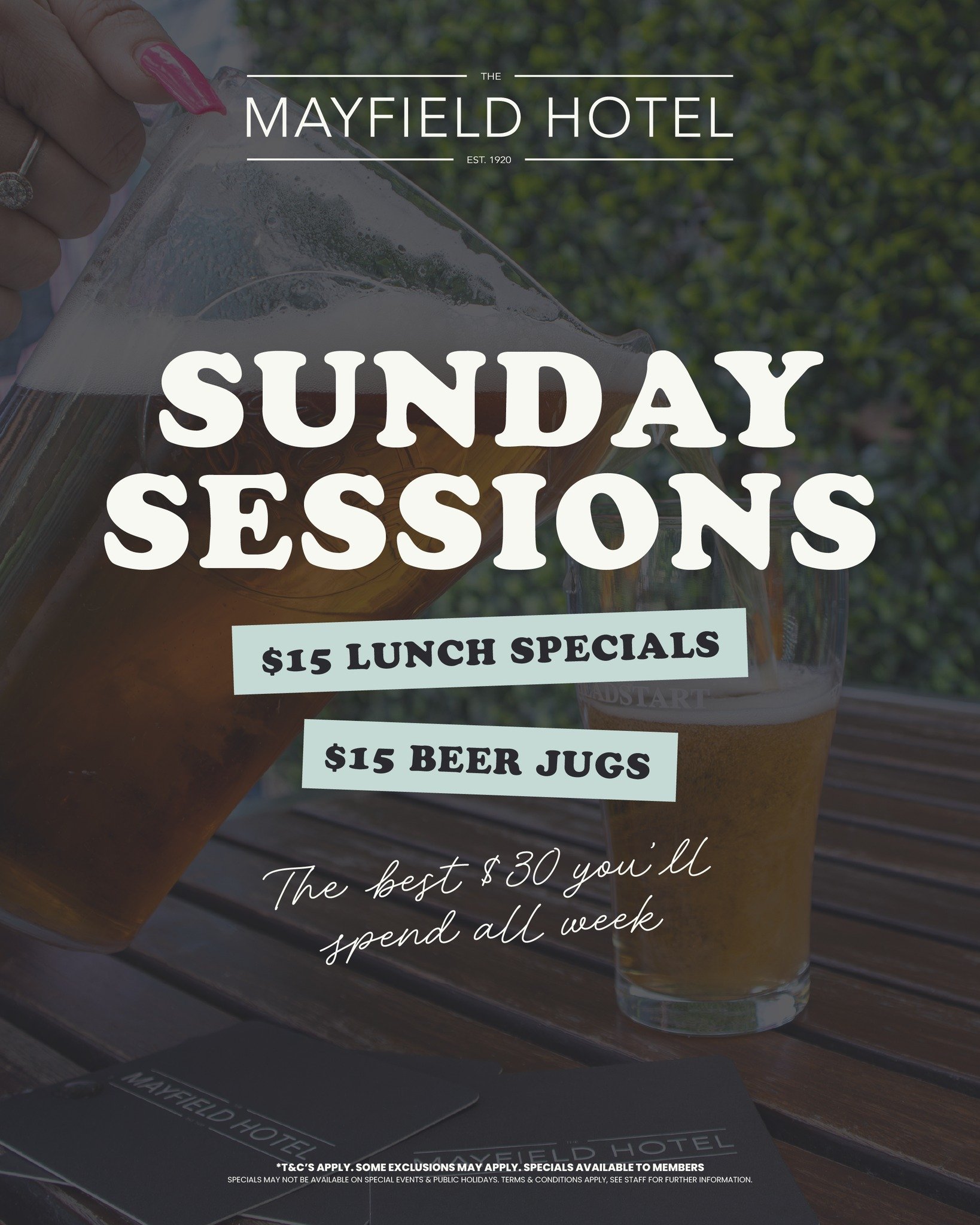 Sunday plans? We&rsquo;ve got you.

$30 gets you a proper pub feed and a jug to match 🍻
Choose from 5 x $15 lunch specials (no Sunday surcharge) and 5 jug flavours on tap.

Pull up a chair, bring your mates and settle in for an easy Sunday Session! 