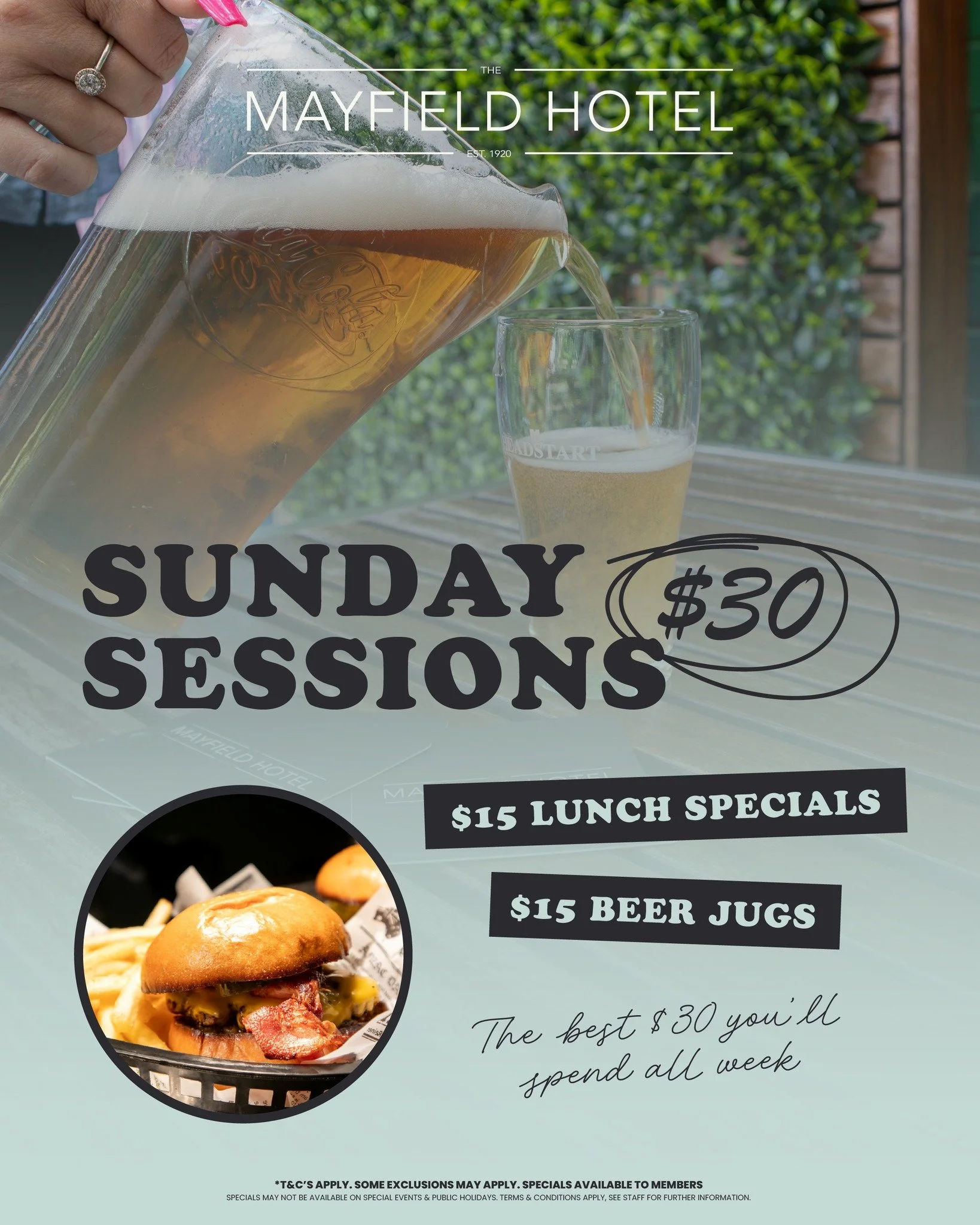 Your Sunday plans = sorted 🙌

Lunch and drinks for just $30? Yes please 🤩

Pick from five $15 lunch specials (no Sunday surcharge) and add a $15 beer jug from five flavours 🍻

*Some exclusions may apply. Specials available to members. Specials not