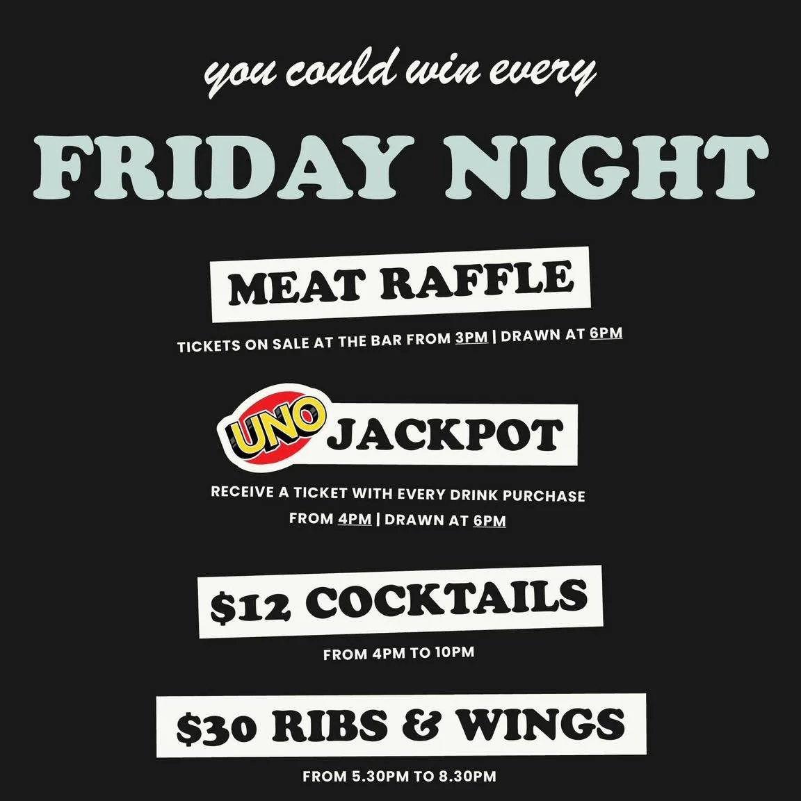 Need plans for the weekend? Start here 🙌🏼
🥩🍹 Friday Night: Meat Raffles, Uno Jackpot, Cocktail Happy Hours + Ribs &amp; Wings Dinner Special.
🍺 Saturday Night: $20 Balter Jugs Between 6pm-10pm.
🍻 Sunday: $15 Jugs (5 choices to chose from!)
🍔🍟