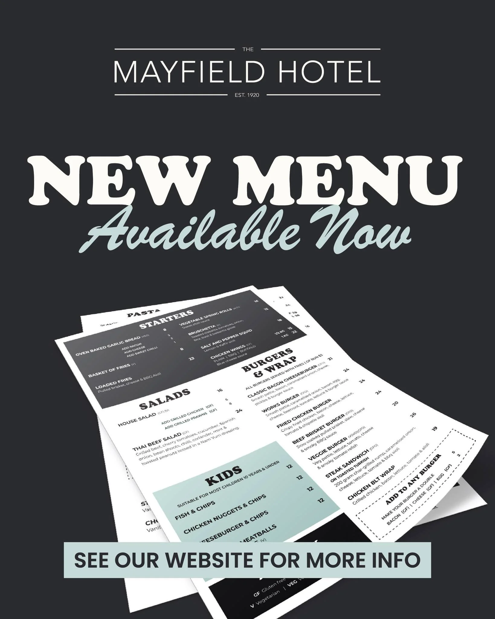 NEW MENU AT MAYFIELD 🔥

Fresh dishes, big flavours &amp; your favourites still going strong 🍽️

👇 Come try it for yourself
📅 Book your table now