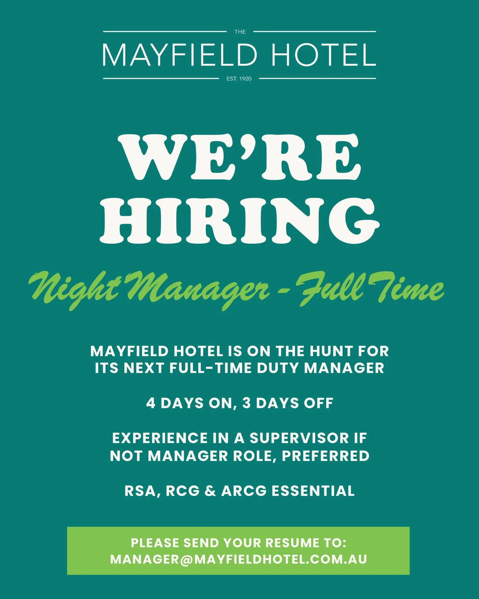 🚨 We&rsquo;re Hiring at Mayfield Hotel 🚨

We&rsquo;re on the hunt for a full-time Duty Manager to join the team 👏

✔️ 4 days on, 3 days off
✔️ Supervisor/management experience preferred
✔️ RSA, RCG &amp; ARCG essential

📩 Send your resume to mana