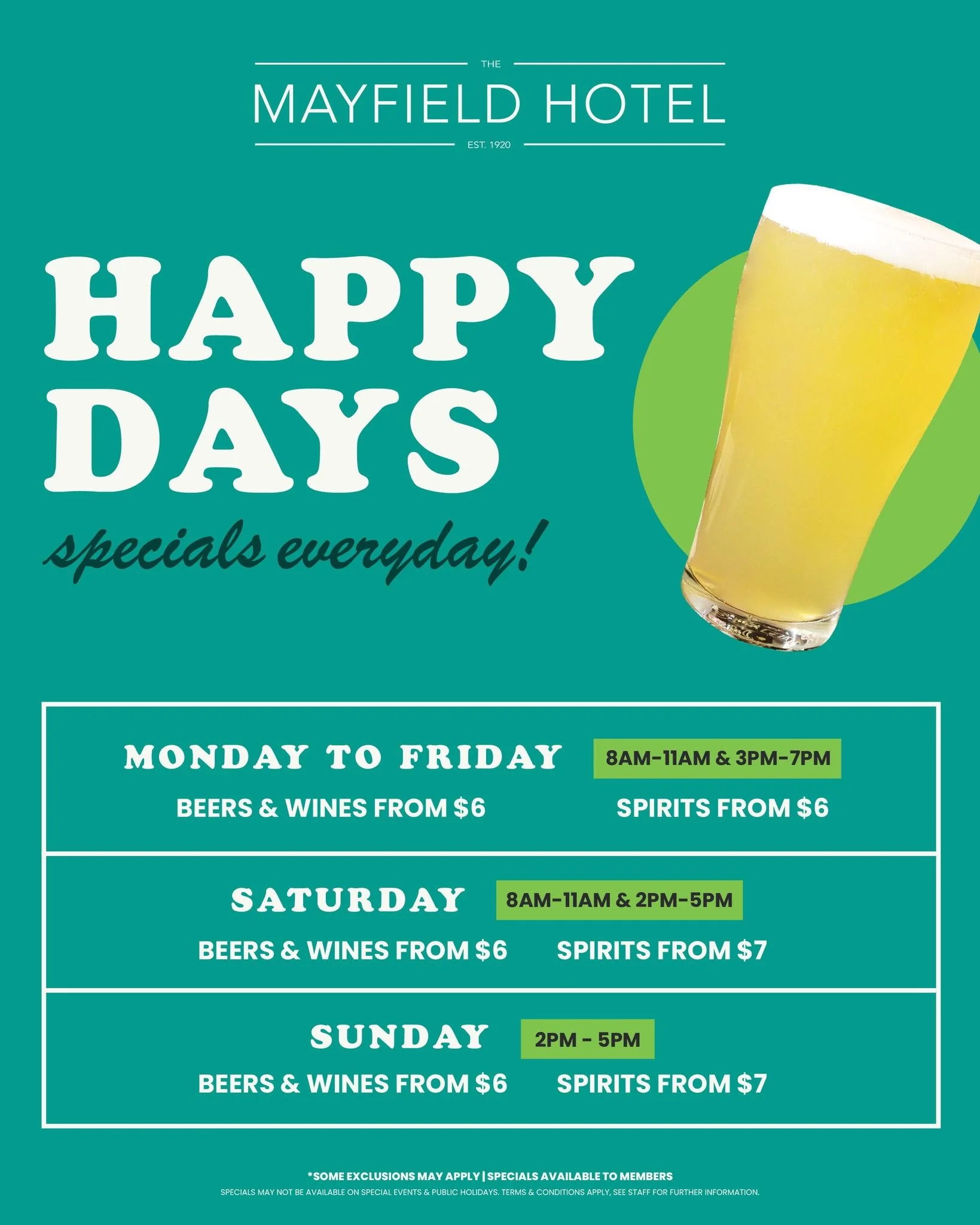 🍻 Happy Days at Mayfield Hotel!

Specials running every day &mdash; because one happy hour just isn&rsquo;t enough 👏

Lock in your go-to times &amp; make it a regular 👇

Members only &mdash; but it&rsquo;s free to join, just ask at the bar 🤩

*So