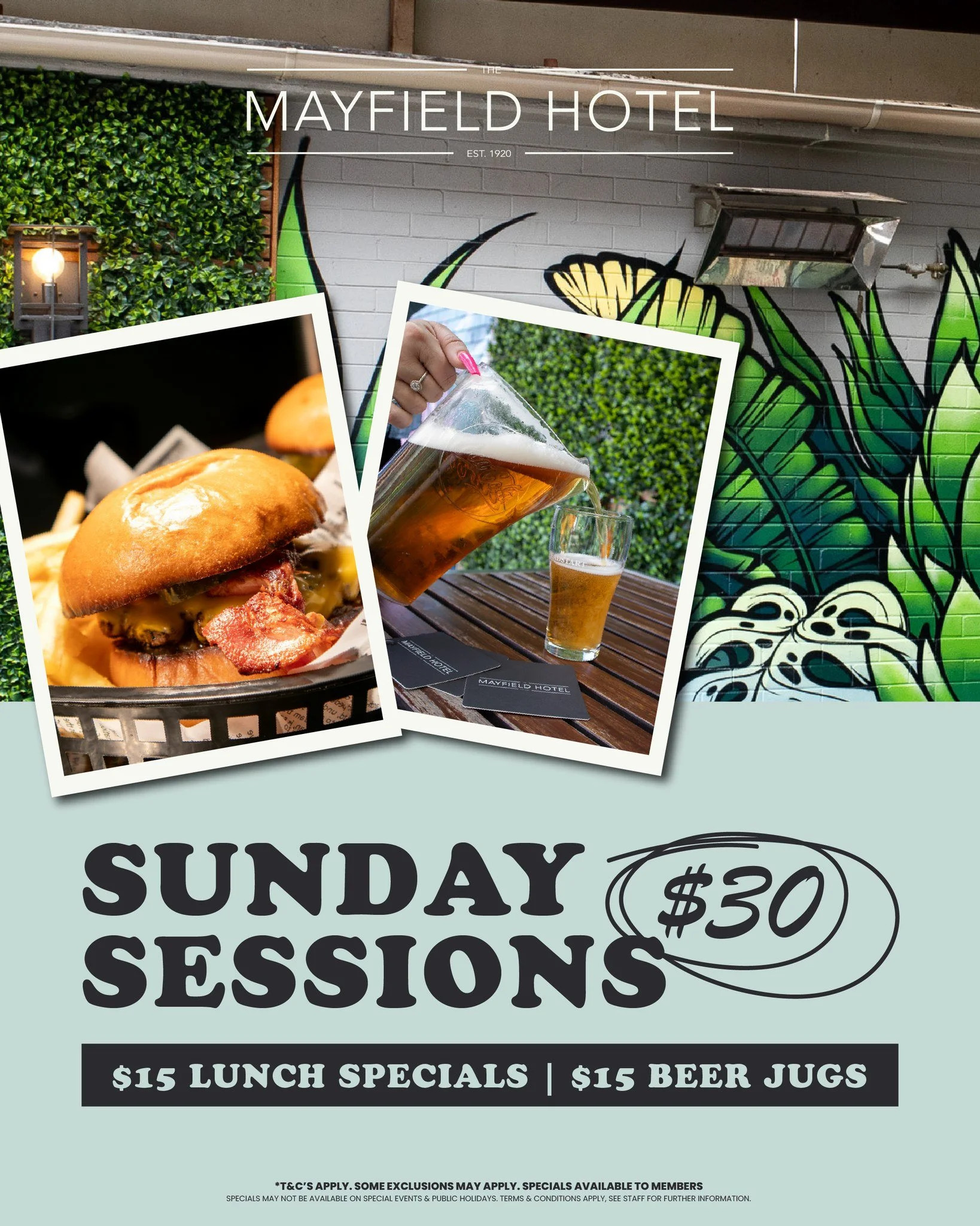 The best $30 you&rsquo;ll spend all week 🙌

Sunday Sessions = lunch &amp; drinks sorted for just $30 🤩

Grab one of our $15 lunch specials (5 tasty choices, no sneaky Sunday surcharge) &amp; pair it with a $15 beer jug from our 5 delicious flavours