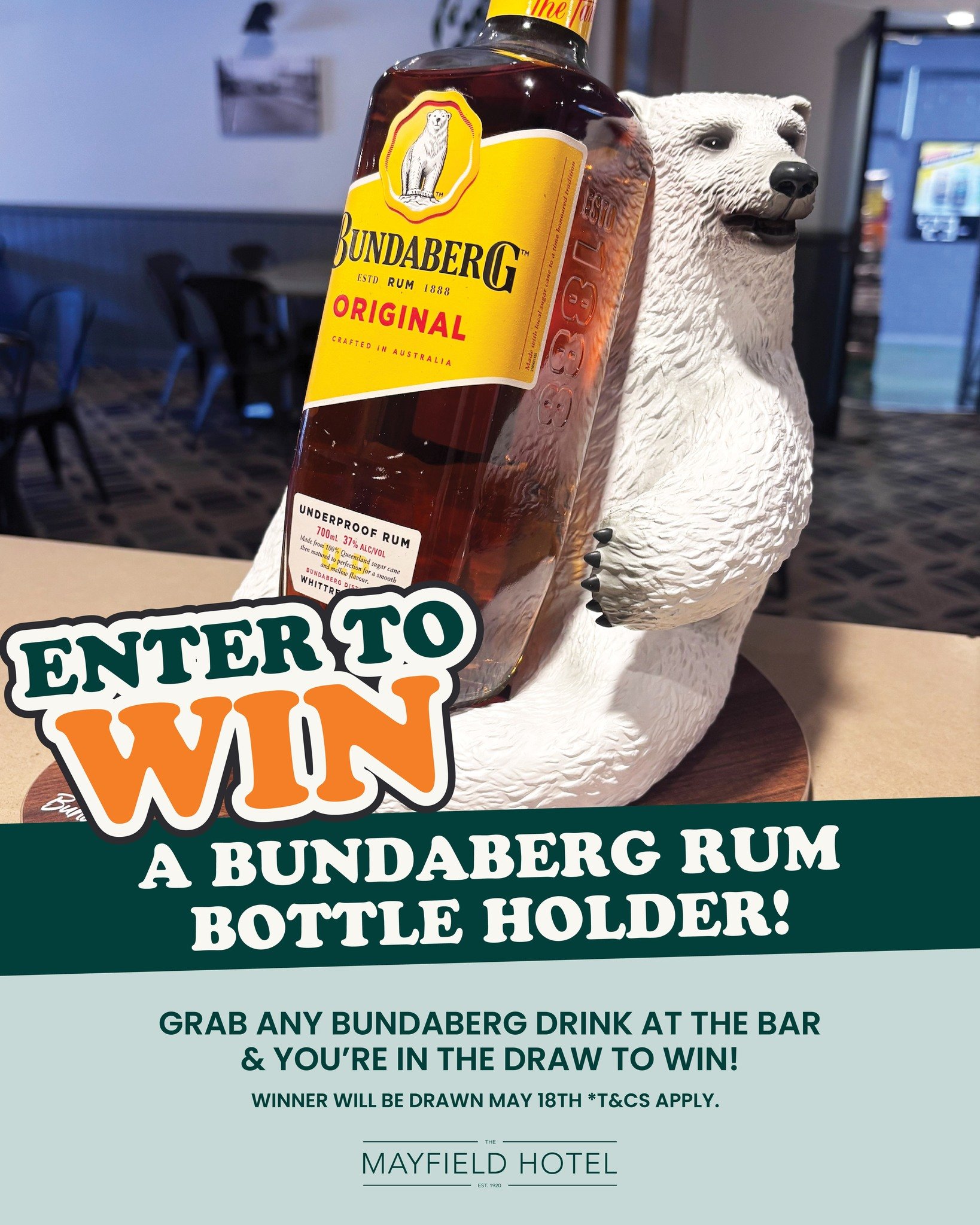 🍻 Mayfield&hellip; this one&rsquo;s a no brainer

Grab any Bundy at the bar &amp; you&rsquo;re in the draw to win a Bundaberg Rum Bottle Holder 👀

Perfect setup for your next few drinks at home

Winner drawn May 18th!

👇 Who&rsquo;s having a Bundy