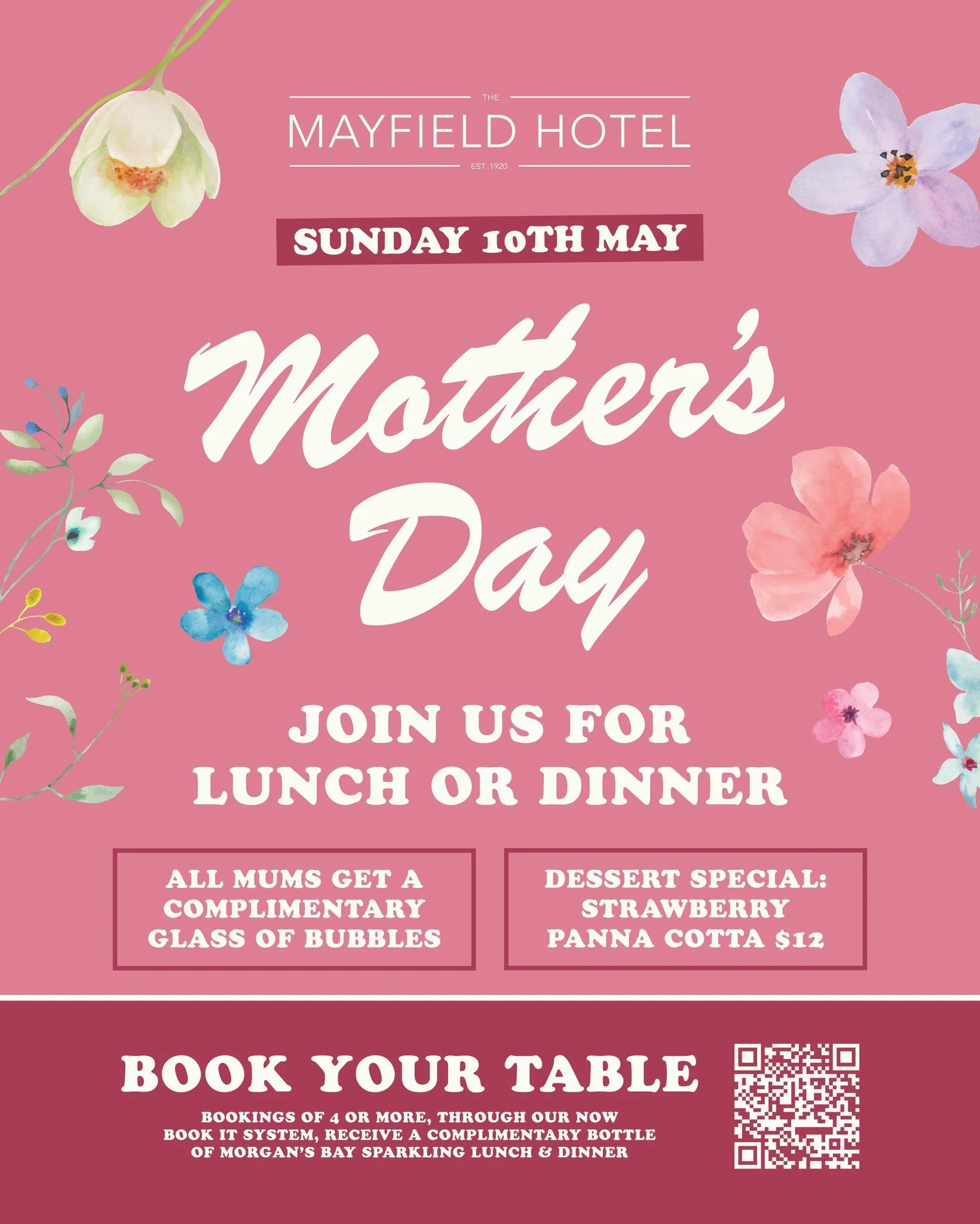 💐 Mother&rsquo;s Day at Mayfield

Shout Mum a lunch or dinner &amp; celebrate her 🌸

🥂 Complimentary glass of bubbles for all mums
🍓 $12 strawberry panna cotta dessert special
🎁 Book a table of 4+ &amp; receive a complimentary bottle of Morgan&r