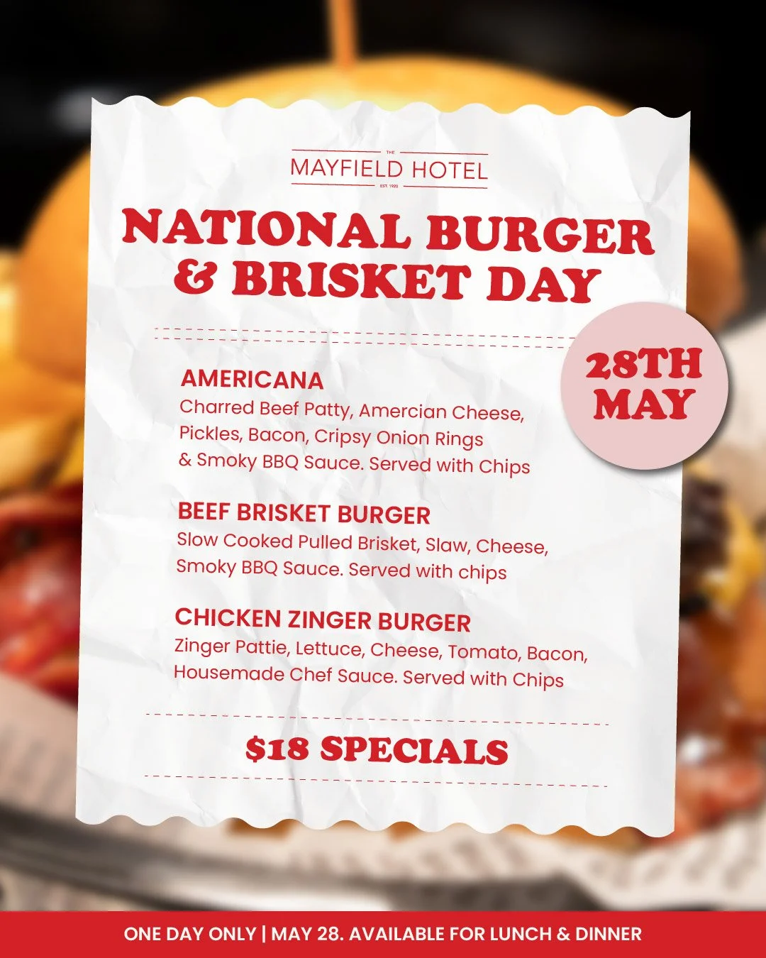 National Burger &amp; Brisket Day is just around the corner&hellip; so honestly, it&rsquo;d be rude not to 🍔🔥

Join us on the 28th for 3 x $18 burger specials available for lunch &amp; dinner 👏

Book your table via our website! https://www.mayfiel