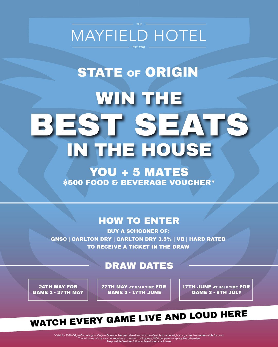 State of Origin is back and we&rsquo;re giving you the chance to win the best seats in the house 🏉🔥

Grab a schooner of GNSC, Carlton Dry, Carlton Dry 3.5%, VB or Hard Rated for your chance to win:
🍻 A table for you + 5 mates
🍔 $500 food &amp; be