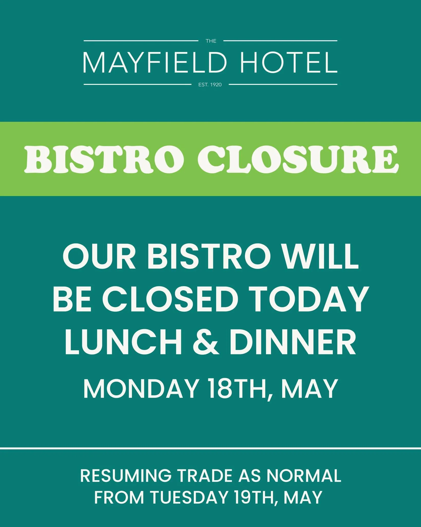 Our Bistro will be closed for lunch &amp; dinner today but we&rsquo;ll be back trading as usual from tomorrow 🍽️

The bar is still open though, so pop in for a drink! 🍻
