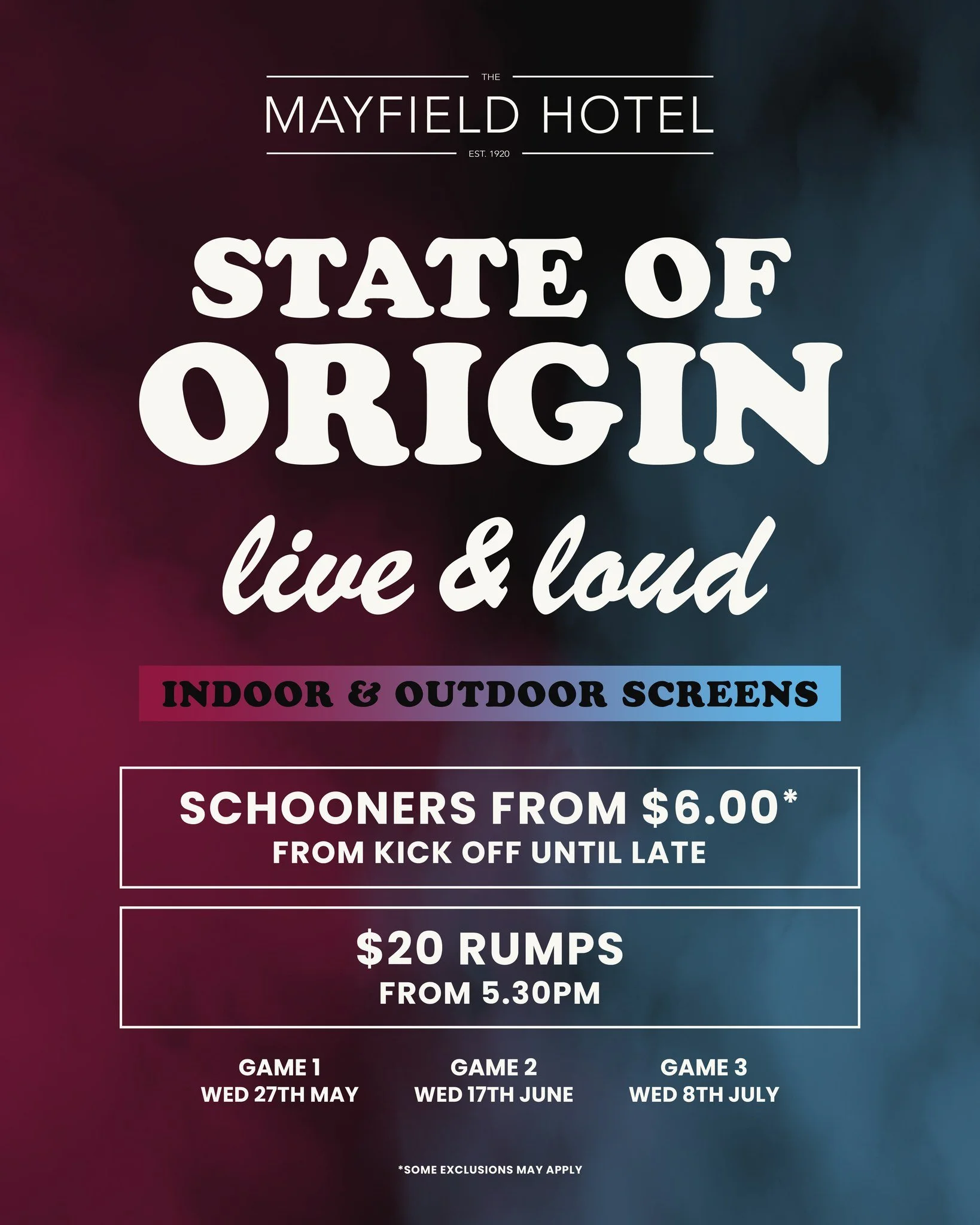 Game 1 this Wednesday night 🍻🏉

Cold beers and Origin live &amp; loud on our indoor &amp; outdoor screens!

$6 schooners* from kick off
$20 Rumps from 5:30pm

See you there!

T&amp;Cs apply.
