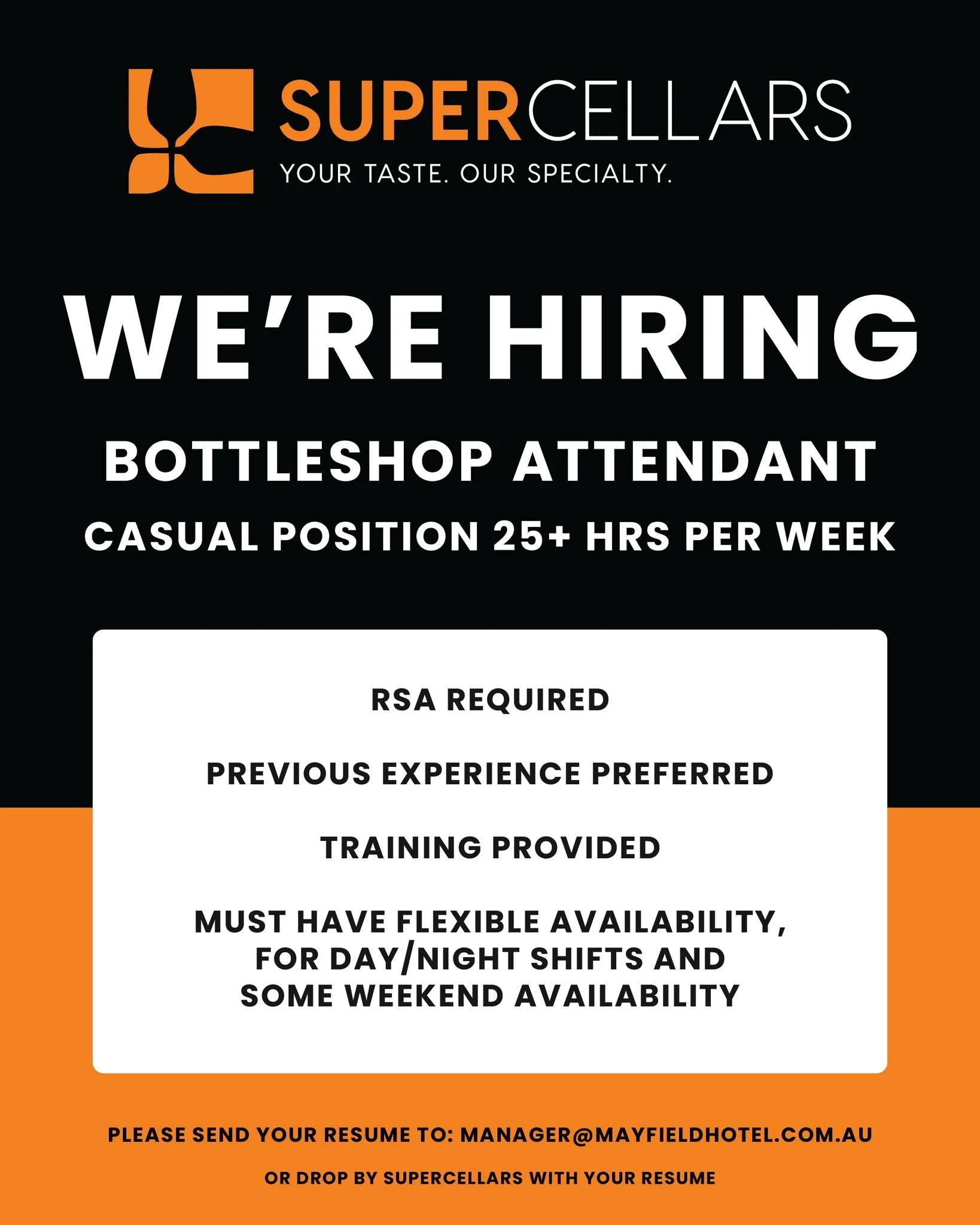 Supercellars Mayfield is on the lookout for a Bottleshop Attendant to join the team with 25+ casual hours per week available 

RSA required, training provided and previous experience preferred.

Apply now.