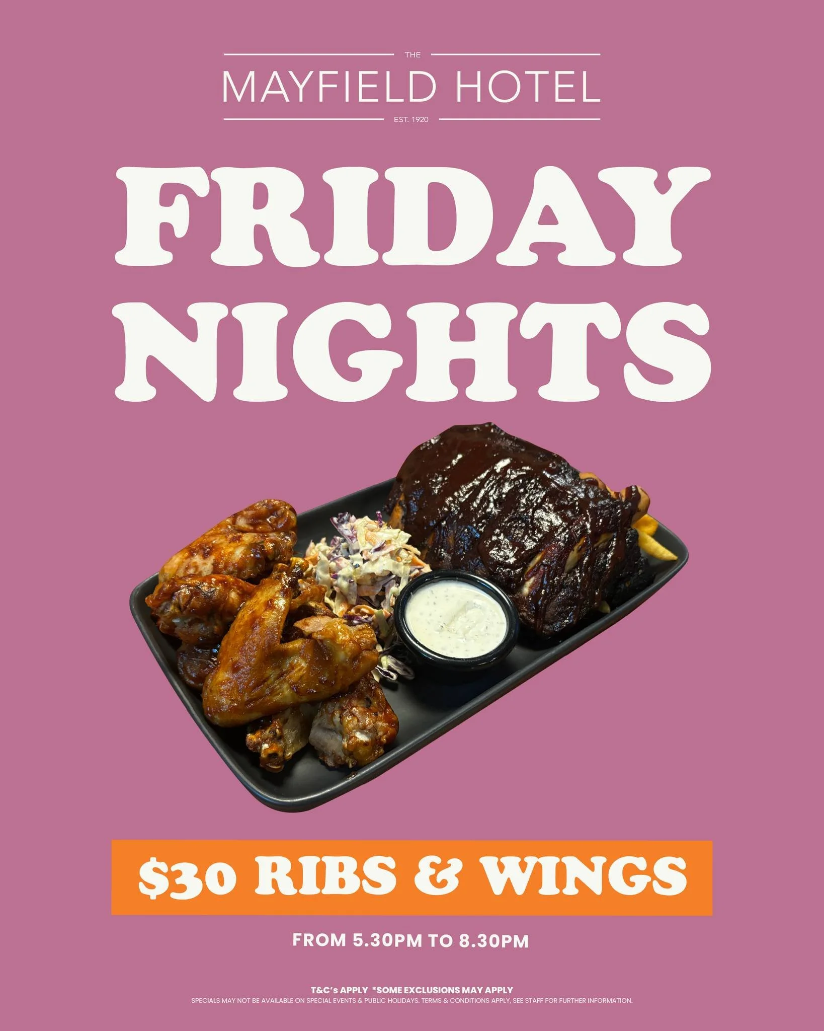Long weekend loading&hellip; and there&rsquo;s only one place to kick it off 🍻🔥

Join us this Friday night at Mayfield Hotel 👏

🍖 Friday Night Dinner Special
$30 Ribs &amp; Wings available from 5:30pm Fridays

Plus:
🎟️ Meat Raffle &ndash; ticket