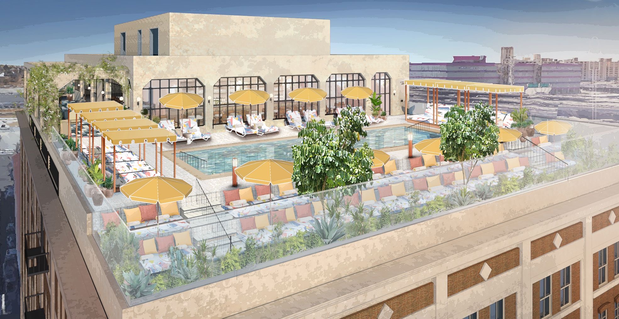 Render of the SOHO House downtown rooftop with our custom printed day beds