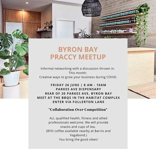 Byron Bay Health Practitioners... Listen up!

After a forced "iso-pause," we're excited to announce that Praccy Meetup is back on!

The next meetup is set for Friday 26th June from 8-10am.

It's an informal gathering, with a discussion thro