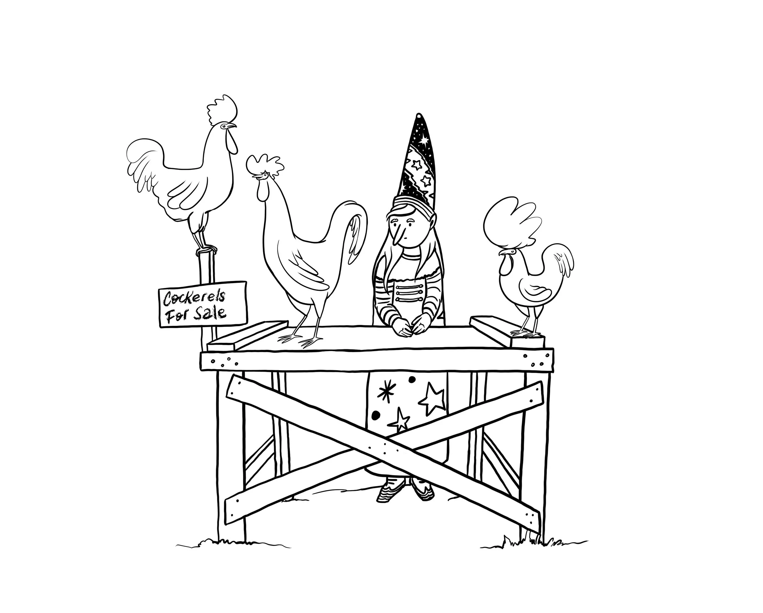 Fairy Woman and the Three Cockerels at the Market Concept Art 