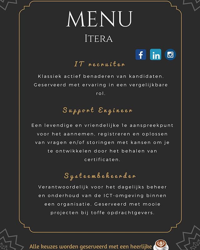 Bekijk hier de specialiteiten van deze week❤️ Voor welke functie ga jij?

Solliciteer direct via www.itera.nl

#detachering #itera #menu #keuzes #job