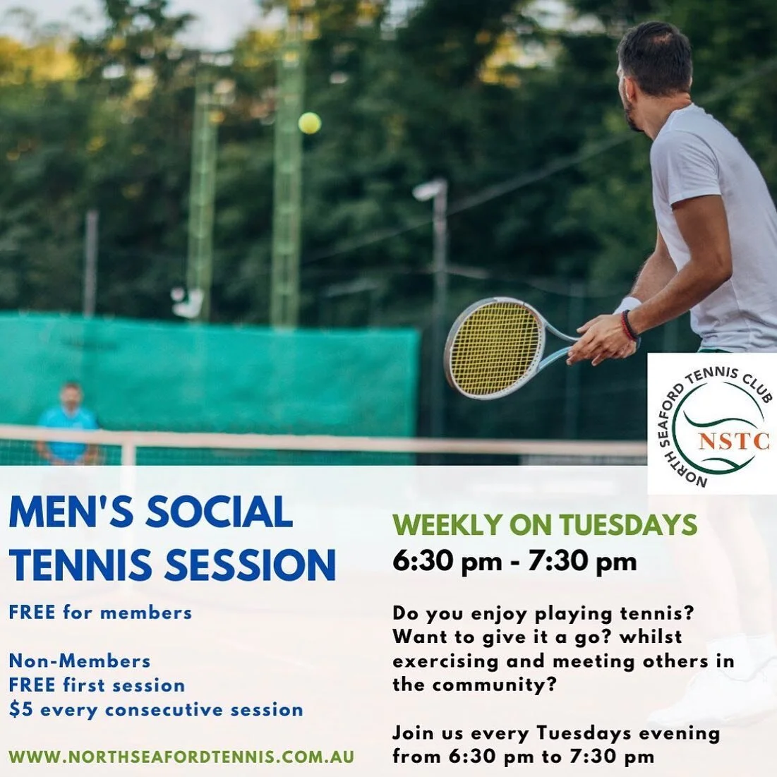 Our Men's Social Tennis session is on tonight at North Seaford Tennis Club from 6:30 to 7:30 pm. Come along for a hit! Your first session is free!
Find out all details at https://northseafordtennis.com.au/all-programs
#socialtennis #seafordtennis #be