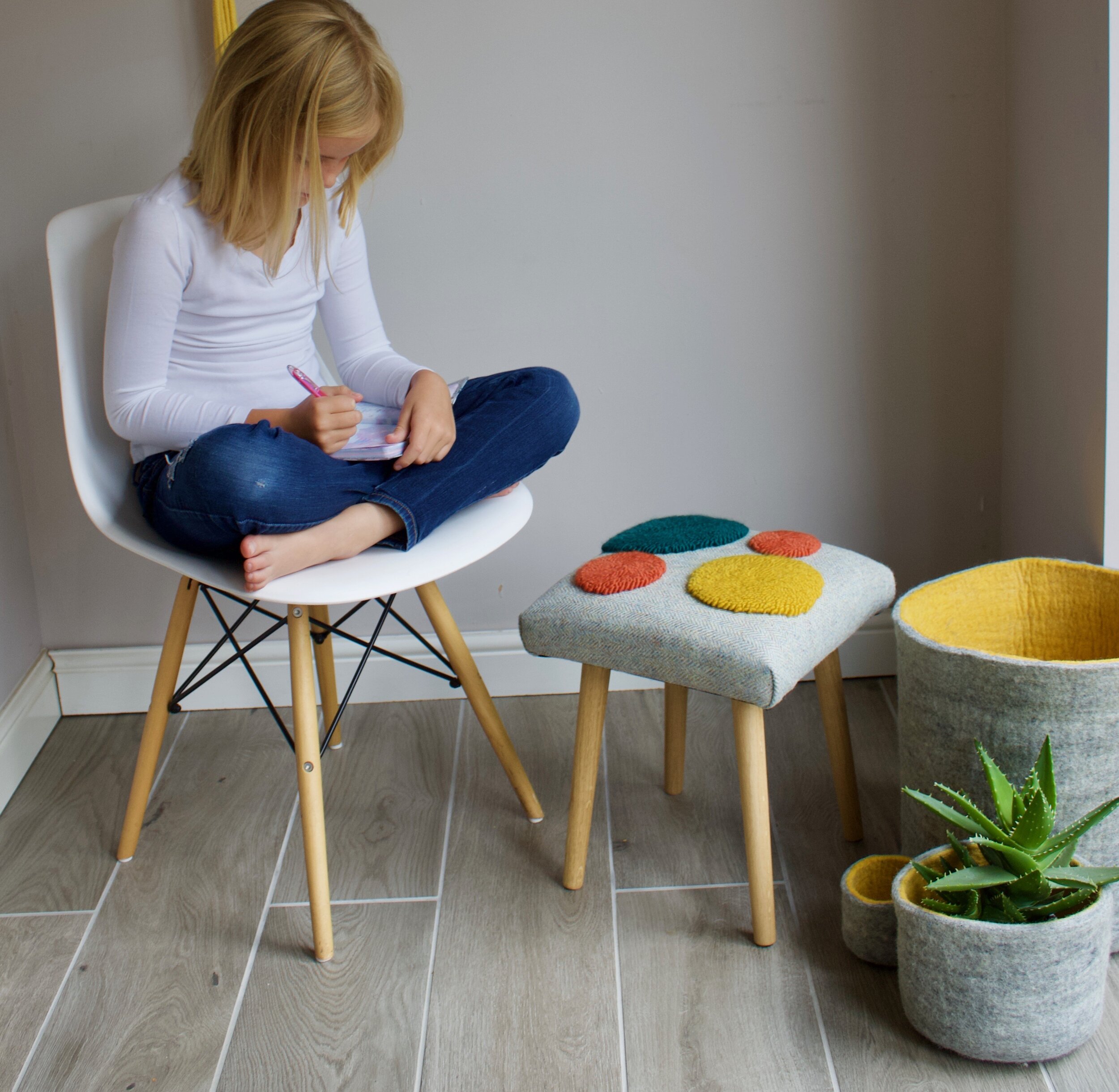 Harris Tweed Stool with Punch Needle Design — Perch Upholstery