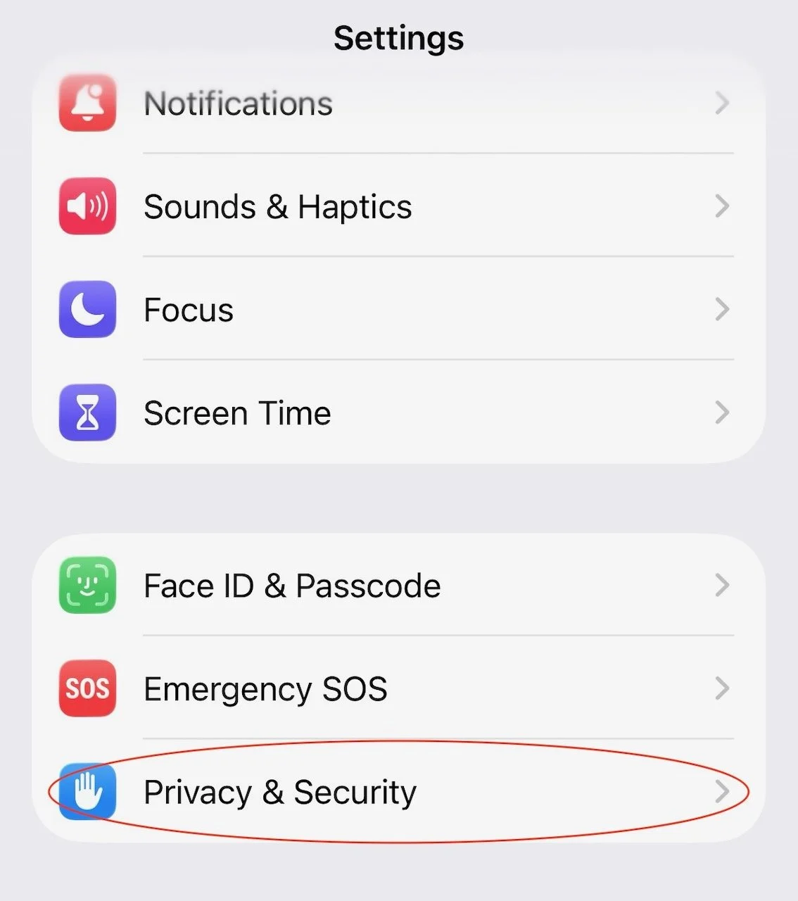  iOS settings - select Privacy &amp; Security 