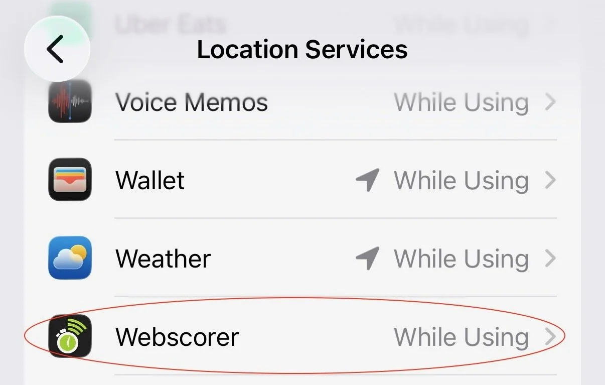  Scrolling down to Webscorer settings within Location Services - select 